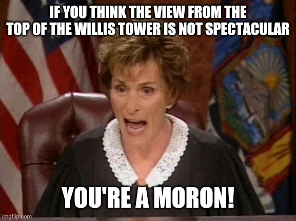 View from Willis Tower is awesome | IF YOU THINK THE VIEW FROM THE TOP OF THE WILLIS TOWER IS NOT SPECTACULAR; YOU'RE A MORON! | image tagged in judge judy | made w/ Imgflip meme maker