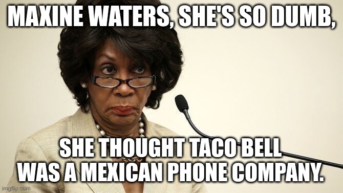 Crazy Maxine | MAXINE WATERS, SHE'S SO DUMB, SHE THOUGHT TACO BELL WAS A MEXICAN PHONE COMPANY. | image tagged in maxine waters crazy | made w/ Imgflip meme maker
