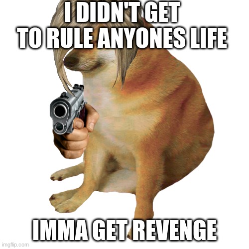 cheems | I DIDN'T GET TO RULE ANYONES LIFE; IMMA GET REVENGE | image tagged in cheems | made w/ Imgflip meme maker
