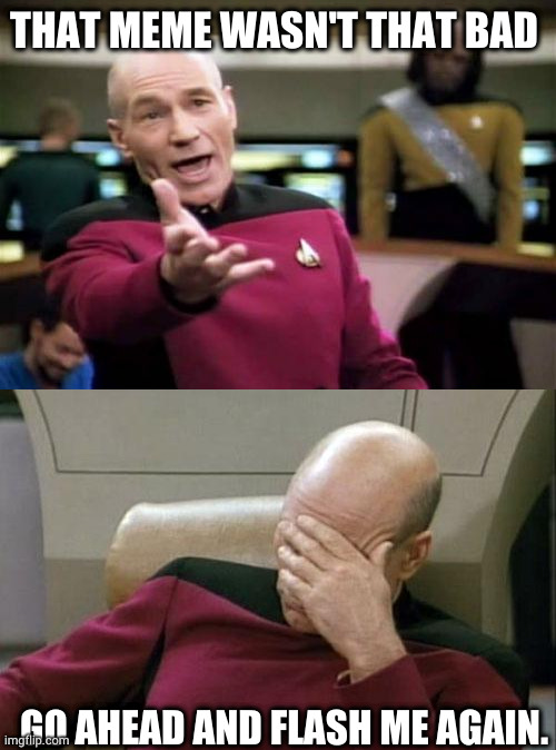 THAT MEME WASN'T THAT BAD GO AHEAD AND FLASH ME AGAIN. | image tagged in memes,picard wtf,captain picard facepalm | made w/ Imgflip meme maker