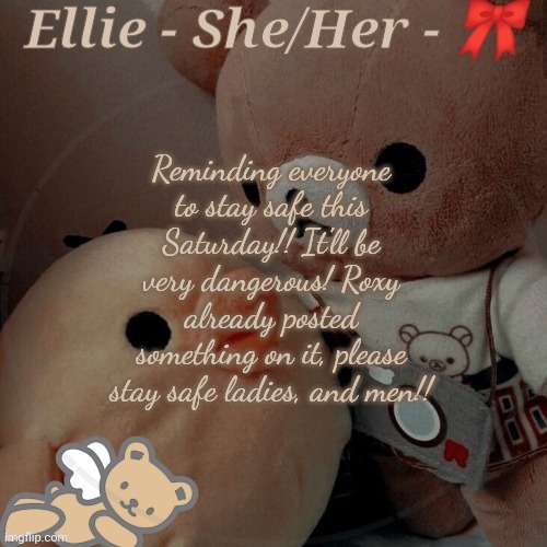 Reminding everyone to stay safe this Saturday!! It'll be very dangerous! Roxy already posted something on it, please stay safe ladies, and men!! | image tagged in ellie | made w/ Imgflip meme maker