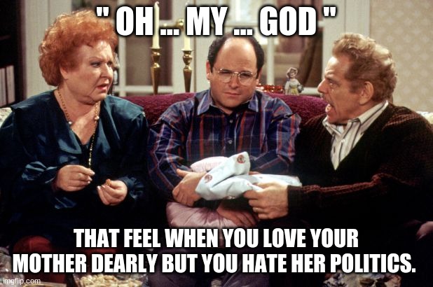 Parents politics | " OH ... MY ... GOD "; THAT FEEL WHEN YOU LOVE YOUR MOTHER DEARLY BUT YOU HATE HER POLITICS. | image tagged in seinfeld,politics | made w/ Imgflip meme maker