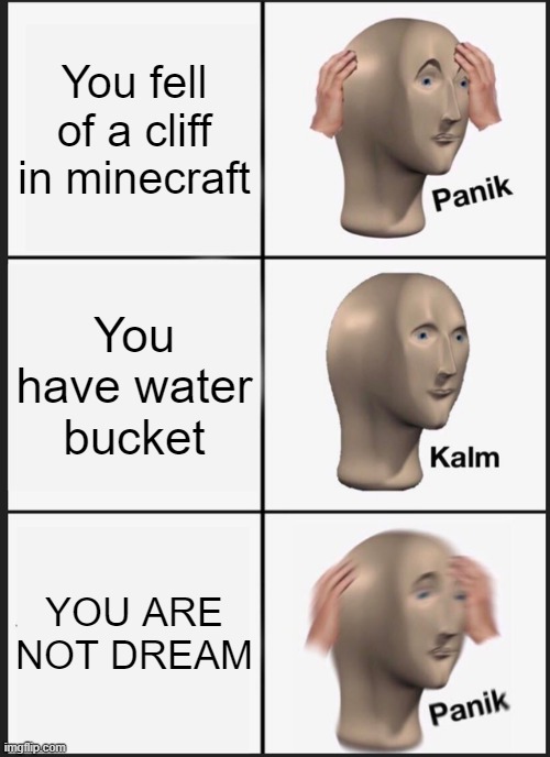 Panik Kalm Panik Meme | You fell of a cliff in minecraft; You have water bucket; YOU ARE NOT DREAM | image tagged in memes,panik kalm panik | made w/ Imgflip meme maker