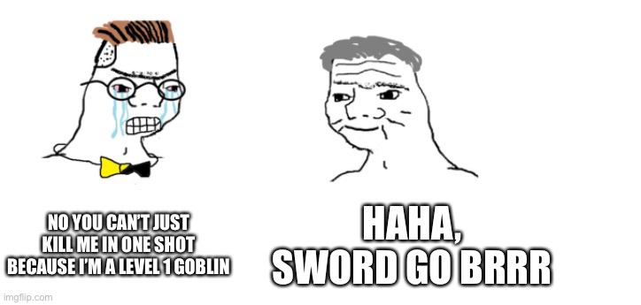 Every dungeon related game ever | NO YOU CAN’T JUST KILL ME IN ONE SHOT BECAUSE I’M A LEVEL 1 GOBLIN; HAHA, SWORD GO BRRR | image tagged in nooo haha go brrr,memes,goblin | made w/ Imgflip meme maker
