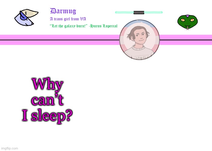 Darmug's announcement template | Why can’t I sleep? | image tagged in darmug's announcement template | made w/ Imgflip meme maker