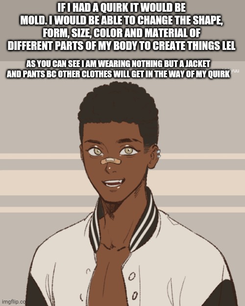 IF I HAD A QUIRK IT WOULD BE MOLD. I WOULD BE ABLE TO CHANGE THE SHAPE, FORM, SIZE, COLOR AND MATERIAL OF DIFFERENT PARTS OF MY BODY TO CREATE THINGS LEL; AS YOU CAN SEE I AM WEARING NOTHING BUT A JACKET AND PANTS BC OTHER CLOTHES WILL GET IN THE WAY OF MY QUIRK | made w/ Imgflip meme maker