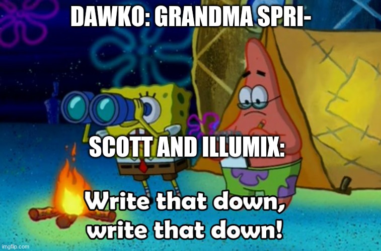 write that down | DAWKO: GRANDMA SPRI-; SCOTT AND ILLUMIX: | image tagged in write that down | made w/ Imgflip meme maker
