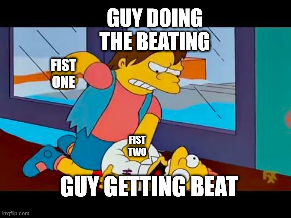 New Simpsons template:  Nelson beats up Martin. | GUY DOING THE BEATING; FIST
ONE; FIST
TWO; GUY GETTING BEAT | image tagged in nelson beats up martin | made w/ Imgflip meme maker