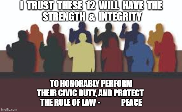 Trust the Jury | I  TRUST  THESE  12  WILL  HAVE  THE
 STRENGTH  &  INTEGRITY; TO HONORABLY PERFORM
THEIR CIVIC DUTY, AND PROTECT 
THE RULE OF LAW -              PEACE | image tagged in george floyd,chauvin trial,derek chauvin,george floyd trial | made w/ Imgflip meme maker