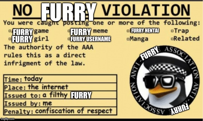 No furry violation | image tagged in no furry violation | made w/ Imgflip meme maker