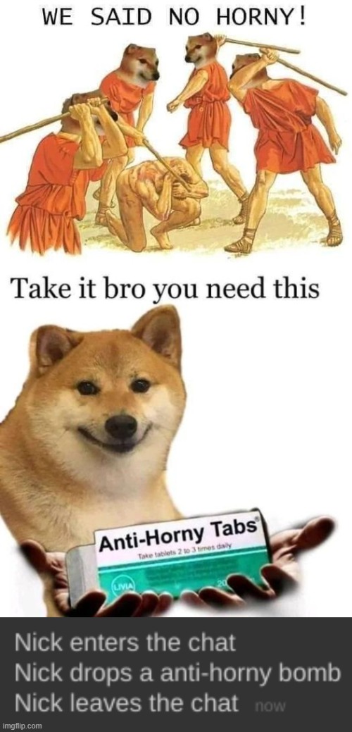 image tagged in we said no horny,take it bro you need this,nick drops a anti-horny bomb | made w/ Imgflip meme maker