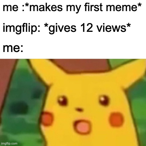 thank you everybody *cries happily* | me :*makes my first meme*; imgflip: *gives 12 views*; me: | image tagged in memes,surprised pikachu | made w/ Imgflip meme maker