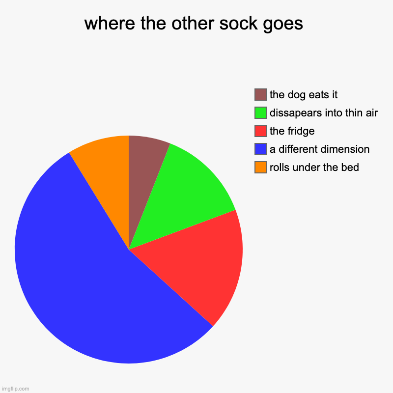 where the other sock goes | where the other sock goes | rolls under the bed, a different dimension, the fridge, dissapears into thin air, the dog eats it | image tagged in charts,pie charts | made w/ Imgflip chart maker