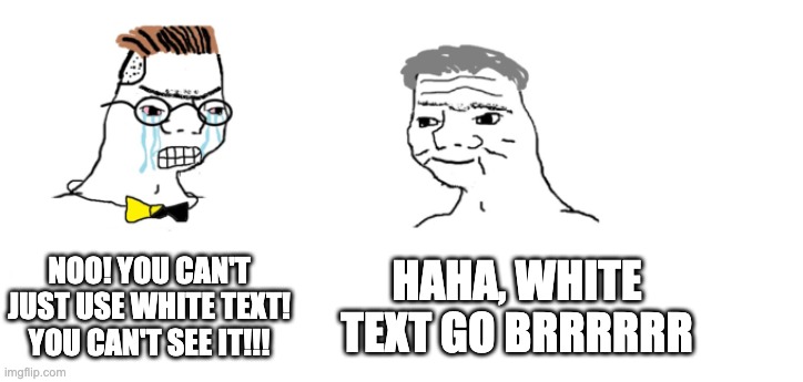 nooo haha go brrr | NOO! YOU CAN'T JUST USE WHITE TEXT! YOU CAN'T SEE IT!!! HAHA, WHITE TEXT GO BRRRRRR | image tagged in nooo haha go brrr | made w/ Imgflip meme maker