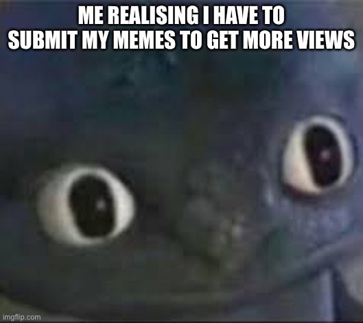 Random meme | ME REALISING I HAVE TO SUBMIT MY MEMES TO GET MORE VIEWS | image tagged in toothless _ face | made w/ Imgflip meme maker