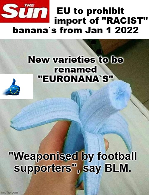 Euronanas ! | EU to prohibit
                 import of "RACIST"
banana`s from Jan 1 2022

            .
                .
New varieties to be
renamed
"EURONANA`S"; "Weaponised by football
supporters", say BLM. | image tagged in bananas | made w/ Imgflip meme maker