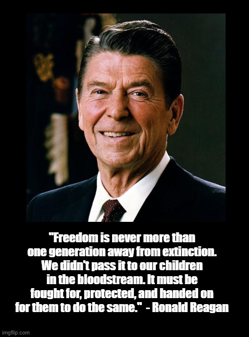 Ronald Reagan on Freedom | "Freedom is never more than one generation away from extinction. We didn't pass it to our children in the bloodstream. It must be fought for, protected, and handed on for them to do the same."  - Ronald Reagan | image tagged in ronald reagan,politics,memes,quotes | made w/ Imgflip meme maker