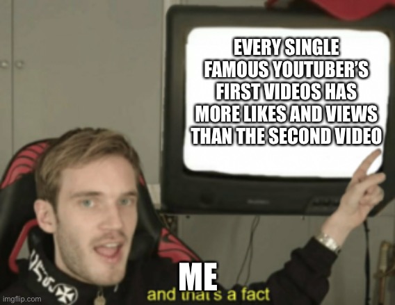 and that's a fact | EVERY SINGLE FAMOUS YOUTUBER’S FIRST VIDEOS HAS MORE LIKES AND VIEWS THAN THE SECOND VIDEO; ME | image tagged in and that's a fact | made w/ Imgflip meme maker