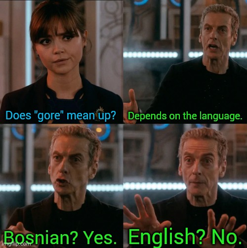 Is Four A Lot | Does "gore" mean up? Depends on the language. English? No. Bosnian? Yes. | image tagged in is four a lot | made w/ Imgflip meme maker