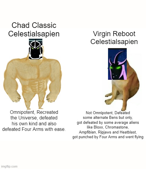Chad and Virgin Alien X | Chad Classic Celestialsapien; Virgin Reboot Celestialsapien; Omnipotent, Recreated the Universe, defeated his own kind and also defeated Four Arms with ease. Not Omnipotent, Defeated some alternate Bens but only, got defeated by some average aliens like Bloxx, Chromastone, Ampfibian, Ripjaws and Heatblast, got punched by Four Arms and went flying | image tagged in memes,buff doge vs cheems | made w/ Imgflip meme maker
