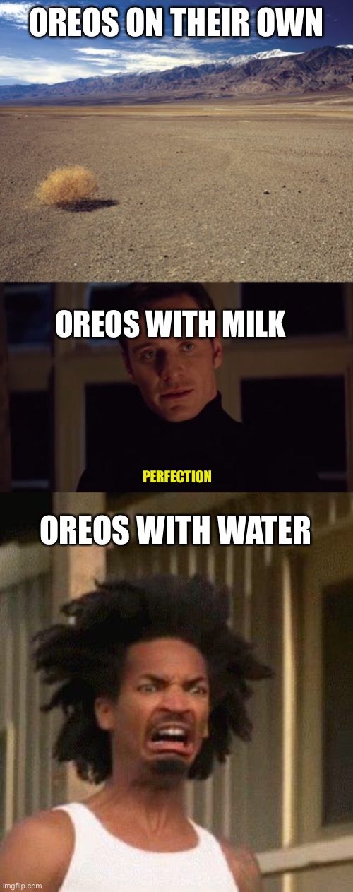 OREOS ON THEIR OWN; OREOS WITH MILK; PERFECTION; OREOS WITH WATER | image tagged in desert tumbleweed,perfection,disgusted face | made w/ Imgflip meme maker