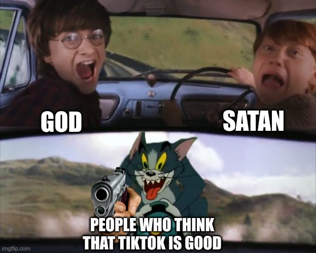 S c a r y | SATAN; GOD; PEOPLE WHO THINK THAT TIKTOK IS GOOD | image tagged in tom chasing harry and ron weasly | made w/ Imgflip meme maker