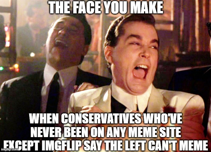 Good Fellas Hilarious Meme | THE FACE YOU MAKE WHEN CONSERVATIVES WHO'VE NEVER BEEN ON ANY MEME SITE EXCEPT IMGFLIP SAY THE LEFT CAN'T MEME | image tagged in memes,good fellas hilarious | made w/ Imgflip meme maker