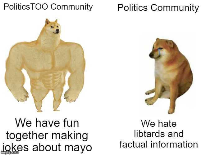 Buff Doge vs. Cheems Meme | PoliticsTOO Community; Politics Community; We have fun together making jokes about mayo; We hate libtards and factual information | image tagged in memes,buff doge vs cheems | made w/ Imgflip meme maker