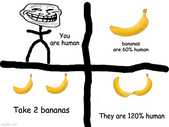 Banana Invasion | You are human; bananas are 60% human; Take 2 bananas; They are 120% human | image tagged in blank white template,boi,stop reading the tags,troll face trendz,troll,face | made w/ Imgflip meme maker