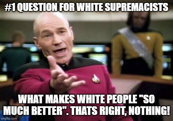 i am white trash | #1 QUESTION FOR WHITE SUPREMACISTS; WHAT MAKES WHITE PEOPLE "SO MUCH BETTER". THATS RIGHT, NOTHING! | image tagged in memes,picard wtf | made w/ Imgflip meme maker