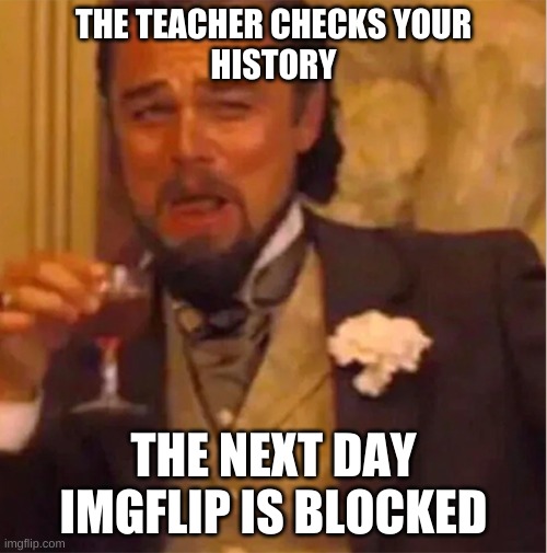 I wish we could delete our history on school accounts... | THE TEACHER CHECKS YOUR
HISTORY; THE NEXT DAY IMGFLIP IS BLOCKED | image tagged in lenoardo decaprio | made w/ Imgflip meme maker
