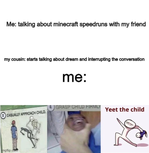 Me: talking about minecraft speedruns with my friend; my cousin: starts talking about dream and interrupting the conversation; me: | image tagged in casually approach child grasp child firmly yeet the child | made w/ Imgflip meme maker