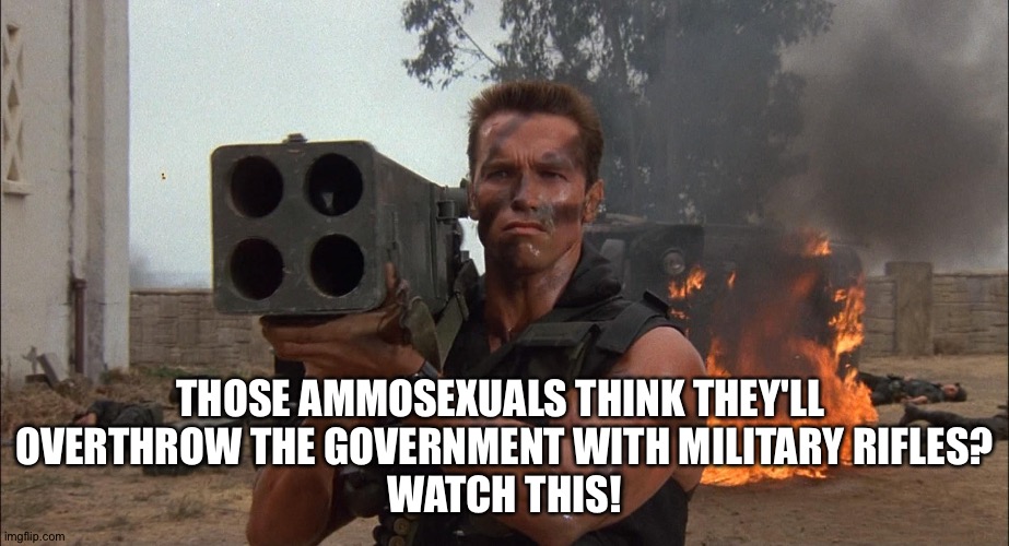 Like the government can't fight back against a coup attempt? | THOSE AMMOSEXUALS THINK THEY'LL 
OVERTHROW THE GOVERNMENT WITH MILITARY RIFLES?
WATCH THIS! | image tagged in bazooka | made w/ Imgflip meme maker