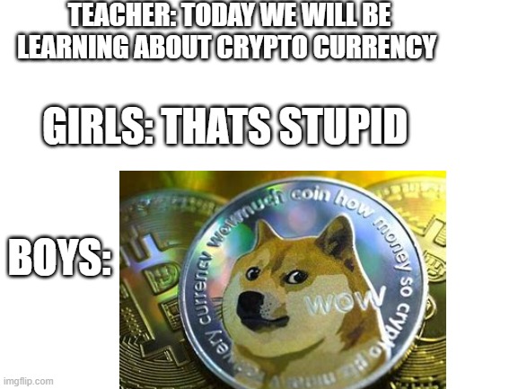 Happy Doge Coin Day | TEACHER: TODAY WE WILL BE LEARNING ABOUT CRYPTO CURRENCY; GIRLS: THATS STUPID; BOYS: | image tagged in doge coin,cryptocurrency | made w/ Imgflip meme maker