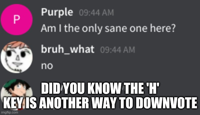 betcha did but i told ya anyways | DID YOU KNOW THE 'H' KEY IS ANOTHER WAY TO DOWNVOTE | image tagged in sane | made w/ Imgflip meme maker