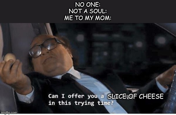 i actually did this | NO ONE:
NOT A SOUL:
ME TO MY MOM:; SLICE OF CHEESE | image tagged in cheese | made w/ Imgflip meme maker