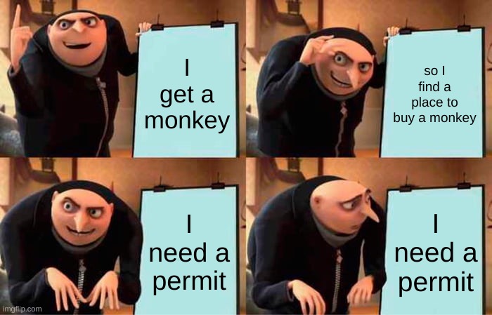 Gru's Plan | I get a monkey; so I find a place to buy a monkey; I need a permit; I need a permit | image tagged in memes,gru's plan | made w/ Imgflip meme maker