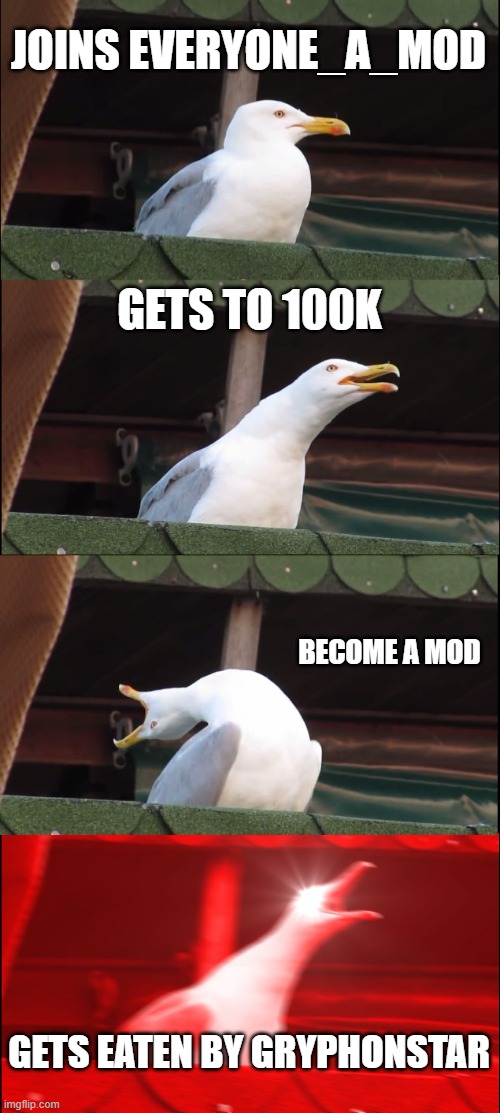 Inhaling Seagull | JOINS EVERYONE_A_MOD; GETS TO 100K; BECOME A MOD; GETS EATEN BY GRYPHONSTAR | image tagged in memes,inhaling seagull | made w/ Imgflip meme maker