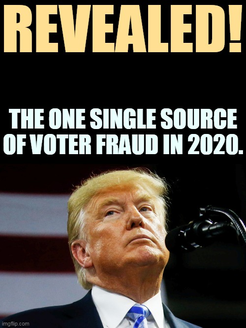 There was no other systematic electoral fraud, only his. | REVEALED! THE ONE SINGLE SOURCE OF VOTER FRAUD IN 2020. | image tagged in trump,cheat,fraud,liar,murderer | made w/ Imgflip meme maker