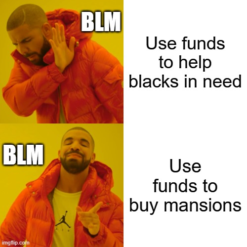 Preying off those who don't know their true intentions | BLM; Use funds to help blacks in need; BLM; Use funds to buy mansions | image tagged in memes,drake hotline bling,blm,mansions | made w/ Imgflip meme maker