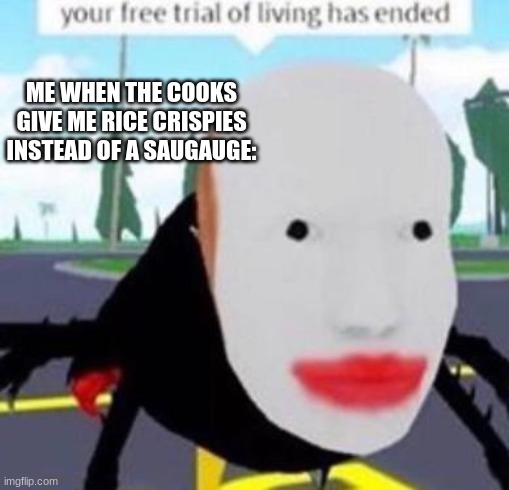 Your free trial of living has exeded | ME WHEN THE COOKS GIVE ME RICE CRISPIES INSTEAD OF A SAUGAUGE: | image tagged in your free trial of living has exeded | made w/ Imgflip meme maker