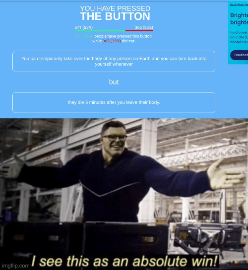 will YOU press the button? | image tagged in i see this as an absolute win,yes | made w/ Imgflip meme maker