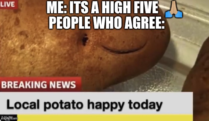 It's true (it is a high five) | ME: ITS A HIGH FIVE; PEOPLE WHO AGREE:; 🙏🏼 | image tagged in local potato happy today | made w/ Imgflip meme maker