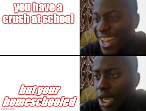 f's in chat | you have a crush at school; but your homeschooled | image tagged in oh yeah oh no | made w/ Imgflip meme maker