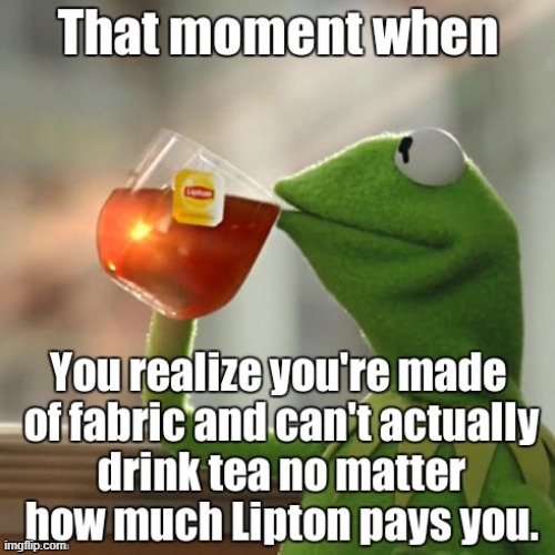 But wait, I'm not made of fabric, wait am I? | image tagged in lipton | made w/ Imgflip meme maker