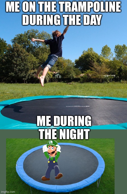 Trampoline  | ME ON THE TRAMPOLINE DURING THE DAY; ME DURING THE NIGHT | image tagged in trampoline | made w/ Imgflip meme maker