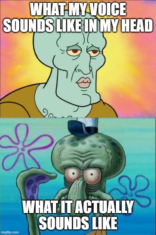 do you use your school account for imgflip (i did actually) also my first meme |  WHAT MY VOICE SOUNDS LIKE IN MY HEAD; WHAT IT ACTUALLY SOUNDS LIKE | image tagged in memes,squidward | made w/ Imgflip meme maker