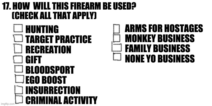 Feel free to add any I omitted  ( : | ARMS FOR HOSTAGES
MONKEY BUSINESS
FAMILY BUSINESS
NONE YO BUSINESS | image tagged in memes,guns,registration,nice n legal,the problem | made w/ Imgflip meme maker