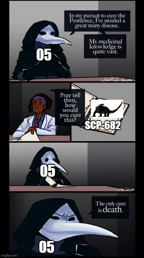 Scp-49 The only cure is death | 05; SCP-682; 05; 05 | image tagged in scp-49 the only cure is death,memes,funny,meme,funny memes,funny meme | made w/ Imgflip meme maker