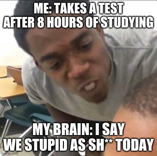 beans | ME: TAKES A TEST AFTER 8 HOURS OF STUDYING; MY BRAIN: I SAY WE STUPID AS SH** TODAY | image tagged in i said we sad today | made w/ Imgflip meme maker